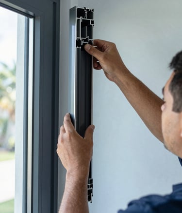 A close-up photograph of a professional technician in a North American / Florida residential setting, meticulously installing a sleek, dark-framed impact window. The lighting is bright and natural, highlighting the clean lines and the blue-gray metallic finish of the window frame against a soft light blue wall.