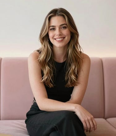 North American / US setting. Rachel Bee sitting in a chic, modern lounge, smiling warmly at the camera. Light pink and white background accents. Fearless yet approachable, exuding confident femininity and charisma.