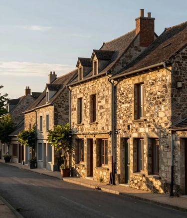Landscape photography of a quaint village street in Souillac, Lot, French / Southern France. The stone buildings glow in the late afternoon sun, reflecting a warm, trustworthy, and premium local identity.