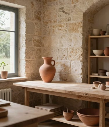 A local artisan workshop in the Lot region, French / Southern France. High-quality photography of a clean, modern stone interior where traditional craft meets contemporary design. Warm natural light coming through a window, highlighting a terracotta-colored vase and clean workspace, suggesting quality and expertise.