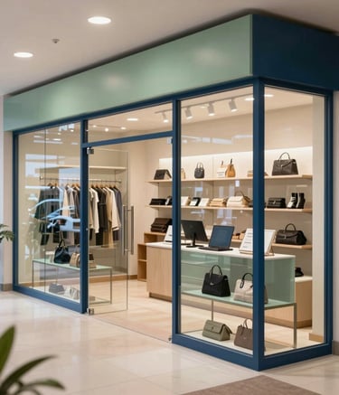 A bright and professional South American retail showroom interior with clean glass surfaces, modern steel blue and sage green accents, and soft overhead lighting, conveying a sense of order and reliability.