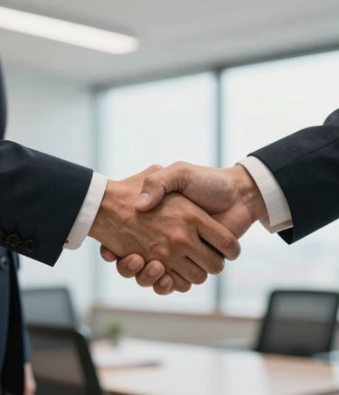 A close-up of a professional handshake between two business partners in a bright Brazilian corporate office, emphasizing trust and collaboration, with soft natural light and a clean background.