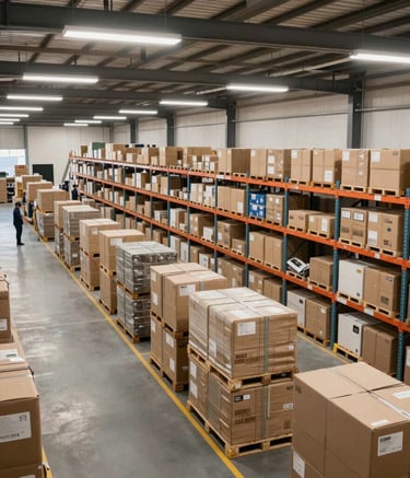 A wide-angle shot of an organized and efficient retail distribution center in South America, featuring high-quality logistics and professional lighting in a clean and modern environment.