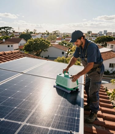 A professional maintenance expert cleaning solar panels on a suburban roof in a South American / Brazilian city. The sky is bright, and the sunlight glints off the Sage Green and Mist White cleaning equipment. Wide angle shot, realistic professional photography.