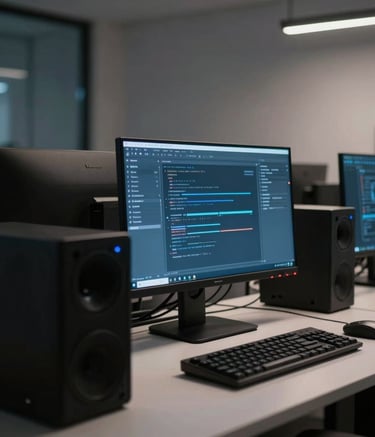 A close-up of a high-end workstation in a minimalist North American office at night. The scene is illuminated by the soft blue glow of multiple monitors, showing a dark, professional workspace with clean lines and sophisticated tech equipment. The lighting is moody and focused.