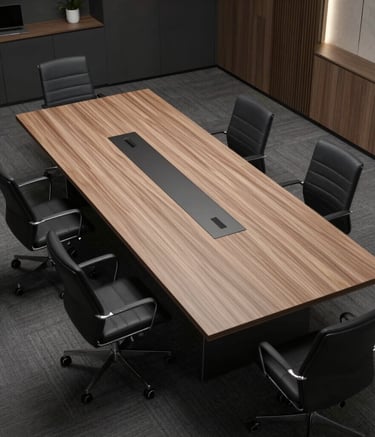 An aerial view of a clean, modern conference table in a North American office. The room is minimalist with dark furniture and subtle metallic accents, suggesting a space for high-level technical consultancy and data research.