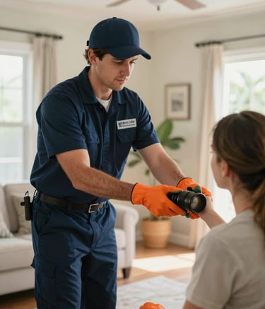A professional junk removal specialist in a navy blue uniform and safety orange gloves assisting a homeowner in a bright North American / US / Floridian residential living room in The Villages.