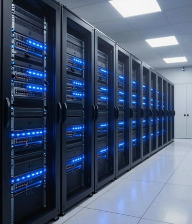 A clean, wide-angle photograph of a modern North American data center aisle with glowing blue lights on server racks, representing high-end security and networking infrastructure. The atmosphere is professional, sleek, and futuristic, with reflective flooring.