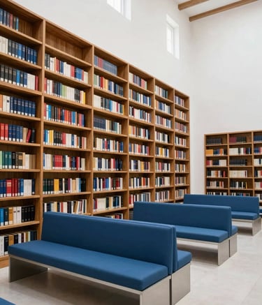 A wide interior shot of the House of Wisdom library in Pirok, featuring clean wooden shelves holding 6,000 books. The space is modern and bright with pale arctic white walls and steel blue seating areas.