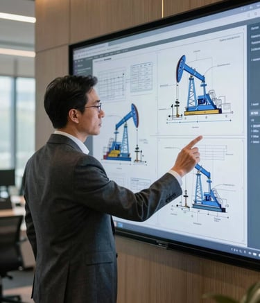 A professional consultant in a International / Global office setting, wearing a tailored charcoal suit, reviewing complex technical petroleum blueprints on a large digital screen with steel blue and muted gold accents in the decor.