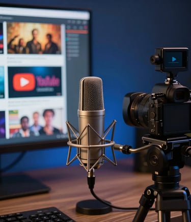 A close-up of a high-end content creation workstation in a North American studio, featuring a professional microphone, a camera on a tripod, and a monitor displaying vibrant YouTube thumbnail designs, soft cinematic lighting, dark blue and amber highlights.