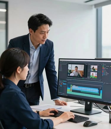 A professional mentor in business-casual attire standing beside a student at a desk in a North American office, looking at a dual-monitor setup showing a complex video editing timeline, clean and bright lighting with navy blue accents.