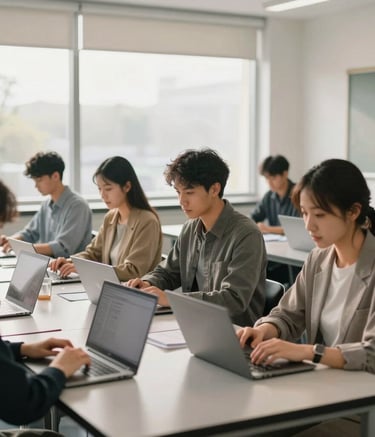 A bright, modern North American classroom setting where focused adults are working on high-end laptops, warm morning light through windows, professional educational atmosphere with steel gray and off-white tones.