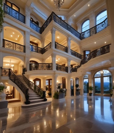 Close-up of a gleaming red sports car hood with a luxury estate blurred in the background.