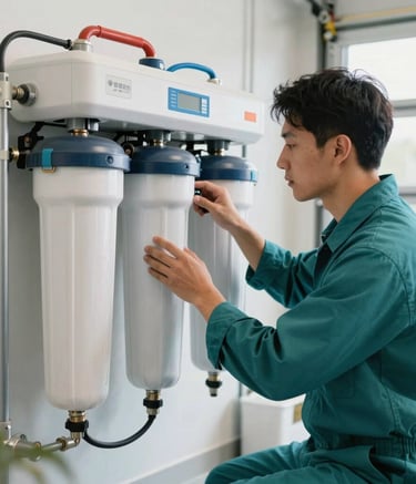 A professional plumbing technician wearing a teal uniform, inspecting a modern water filtration system in a clean, bright North American garage setting. Soft natural lighting, professional photography style.