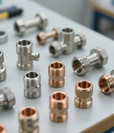 Close-up of high-quality stainless steel plumbing tools and copper pipe fittings organized on a clean workbench. Soft focus background, bright and professional service-oriented lighting.