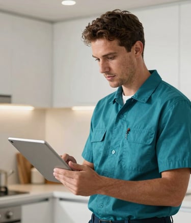 A professional North American plumber in a clean teal uniform looking at a digital tablet while standing in a modern, bright kitchen. High-quality commercial photography style.