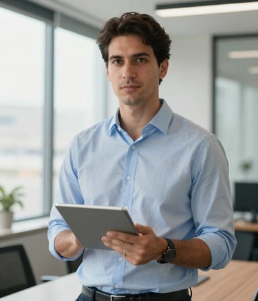 A professional South American / Brazilian logistics manager in a light blue button-down shirt holding a tablet, standing in a modern clean office with large windows. The lighting is bright and natural, reflecting a serious and reliable business atmosphere.