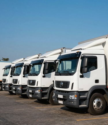 A fleet of modern white transport trucks parked in a clean, organized logistics yard in a South American / Brazilian industrial district. Clear blue sky, sharp focus, professional and efficient mood with blue and dark navy tones.