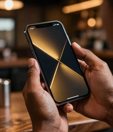A close-up photograph of a person's hands holding a modern smartphone in a South Asian / Indian setting, the screen displaying a sleek dark-themed interface with vibrant gold accents. The background is softly blurred with warm lighting from a modern sports bar.