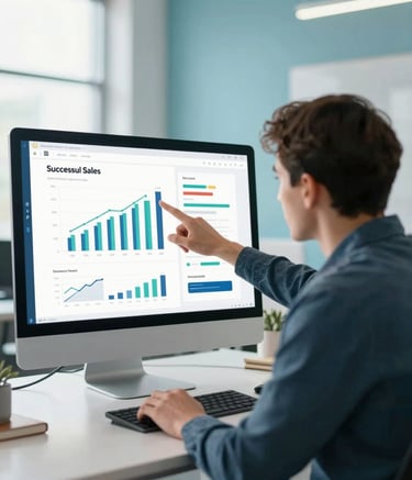 A motivated professional pointing at a large monitor displaying successful sales charts and vibrant digital UI designs. The setting is a modern, sunlit office with #ECF3F6 walls and #0A1C2C decor accents, conveying achievement and growth.