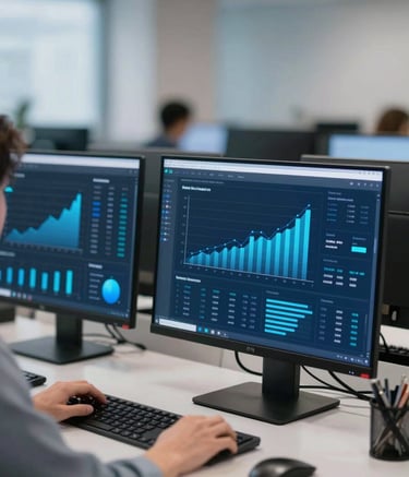 Dynamic workspace focusing on high-tech devices displaying business growth data. Lighting is sleek and professional with #2E4E6A and #8BB6CA blue tones, suggesting innovation and digital speed.