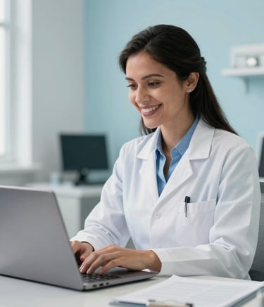 Photography of a professional South American female doctor in a white coat, sitting in a bright medical office with light blue accents, smiling at a laptop screen, natural lighting.