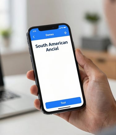 Photography of a close-up smartphone showing a clean medical application interface with blue accents, held by a person in a bright and modern South American home office, soft natural lighting.