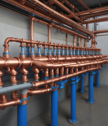 Technician inspecting a complex plumbing system in a commercial building.