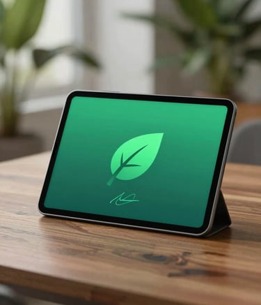 A sleek digital tablet displaying a glowing green leaf logo and a stylized signature, resting on a polished wooden table with lush greenery in the soft-focus background. Sophisticated lighting, incorporating #3F7065 and #F0F7F6 tones.