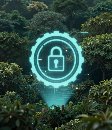 A futuristic holographic projection of a secure digital seal hovering over a lush forest canopy. The composition is modern and clean, utilizing #1A3E39 and #84B1A8 for a high-tech yet organic feel, emphasizing cutting-edge security in a natural context.