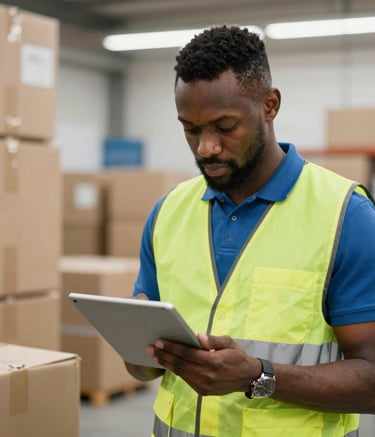 A worker using a tablet to manage inventory logistics in a Kanty shipping office.