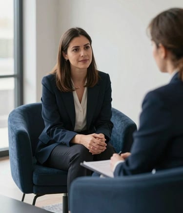 A professional and empathetic consultant sitting across from a client in a modern, sunlit office with soft frost walls and deep navy furniture accents, focusing on a clear and trust-building interaction.