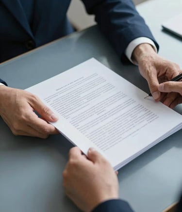 A close-up of professional hands reviewing legal documents and property records on a clean desk, styled with slate blue and deep navy tones to convey efficiency and attention to detail.