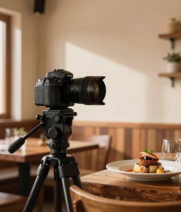 Professional food photography setup in a South American restaurant, a camera on a tripod capturing a gourmet artisanal dish, natural afternoon light, warm wood textures and cream walls, high-end commercial style.