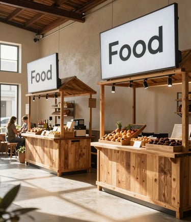 A modern and chic South American food market interior, featuring rustic wooden stalls and clean digital signage, warm beige tones, sunlight streaming through large windows, professional photography.