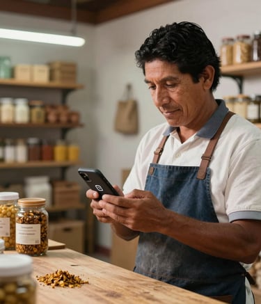 A South American local producer in a clean, modern workshop checking their Instagram profile on a smartphone, surrounded by artisanal food products, warm and professional lighting.
