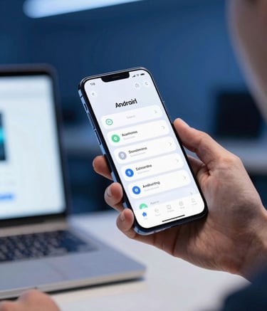 A close-up photograph of a professional in a modern Global / Tech Industry workspace, hands holding a sleek Android phone displaying a clean user interface. The background is softly blurred with deep sky blue and dark navy blue accents, conveying innovation and reliability.