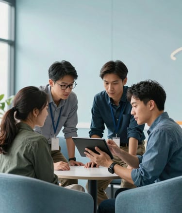 A bright and airy photograph of developers collaborating in a Global / Tech Industry tech hub. They are looking at a tablet screen together. The environment is modern with pale mist blue walls and soft muted blue furniture, symbolizing a user-friendly approach.