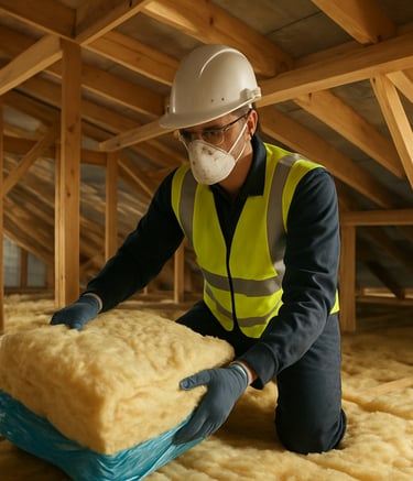 A professional insulation installer in an Oceanic Australian attic space, wearing a high-visibility safety vest and protective gear, carefully handling high-quality glasswool batts. The setting is a modern residential construction site with bright, natural lighting.