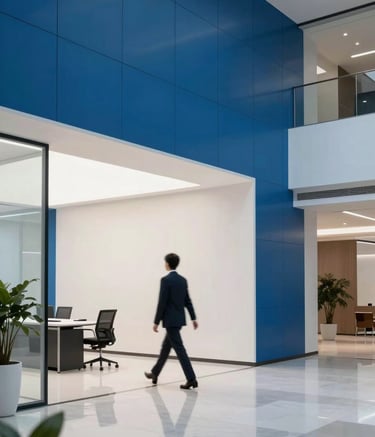 A sleek, modern office lobby in a Southeast Asian metropolis. The decor is minimalist with bright blue and white accents. A person in professional attire is walking through the space, reflecting a dynamic and trustworthy corporate atmosphere.