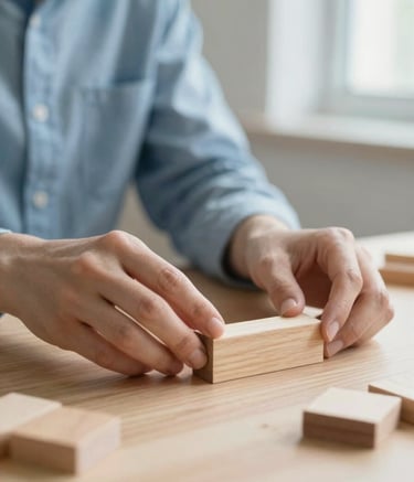 A close-up photograph of a teacher's hands carefully arranging wooden learning blocks on a light timber table. The lighting is soft and natural, coming from a side window. The palette features soft sky blue and muted almond tones, with a clean, minimalist Nordic aesthetic.