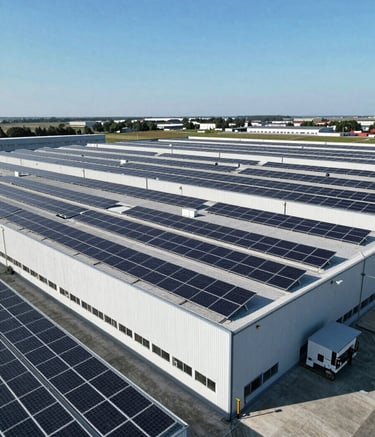 An aerial view of a large European logistics warehouse featuring a vast installation of professional photovoltaic panels on its roof, under a clear blue sky, highlighting green energy and industrial scale.