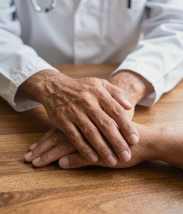 Close-up photography of two people's hands resting on a wooden table in a South American clinical setting. One hand belongs to a professional in a white coat, gently touching the hand of a patient in a gesture of empathy and support. Warm, diffused sunlight fills the frame.
