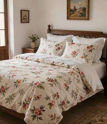 Cozy bedroom scene featuring a bed dressed in soft cream and terracotta linens with plush cushions.