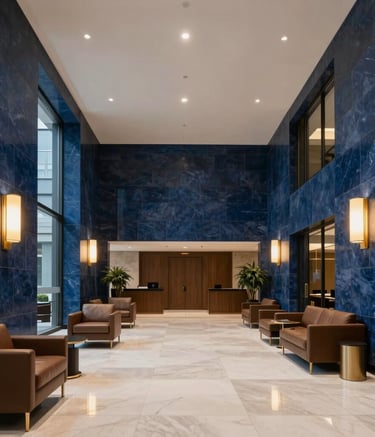 An elegant wide-angle architectural shot of a modern law firm lobby in the United States, featuring navy blue stone walls, golden lighting fixtures, and high-end furniture, creating an atmosphere of authority and trust.