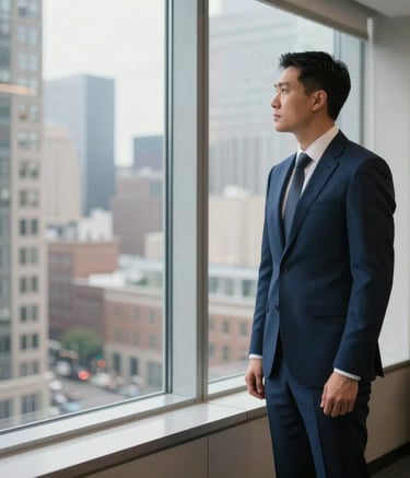 A professional North American attorney standing by a large window in a high-rise office, overlooking a bustling city, wearing a sharp navy suit, with soft natural light highlighting the elegant interior details.