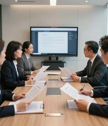 A professional photograph of a group of attorneys collaborating in a modern North American boardroom, reviewing legal briefs and digital screens, with clean and elegant composition, soft office lighting.