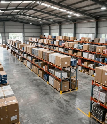 A wide-angle photography shot of a modern, organized logistics warehouse in a South Asian industrial hub, showing efficient storage systems and a clean concrete floor under bright, professional lighting.