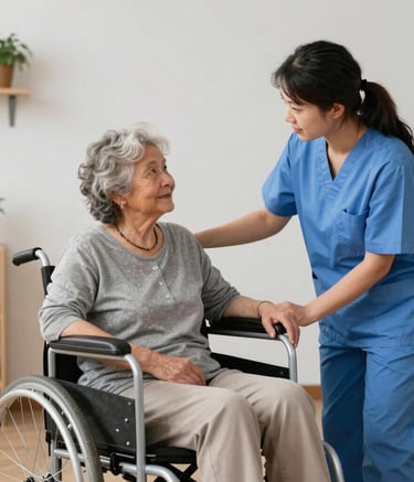 A caregiver assisting an older man with light exercise in his home.